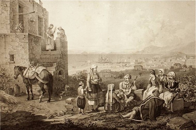 Πρόσφυγες του Αγώνα στην Αίγινα. Λιθογραφία του Karl Krazeisen